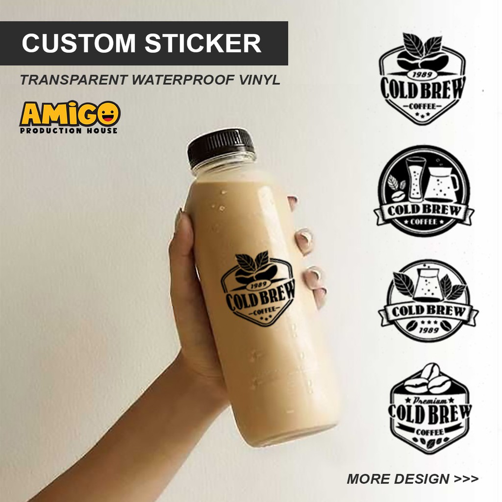 Sticker transparan botol Kopi anti air anti robek Custom Nama Toko umkm logo bisnis