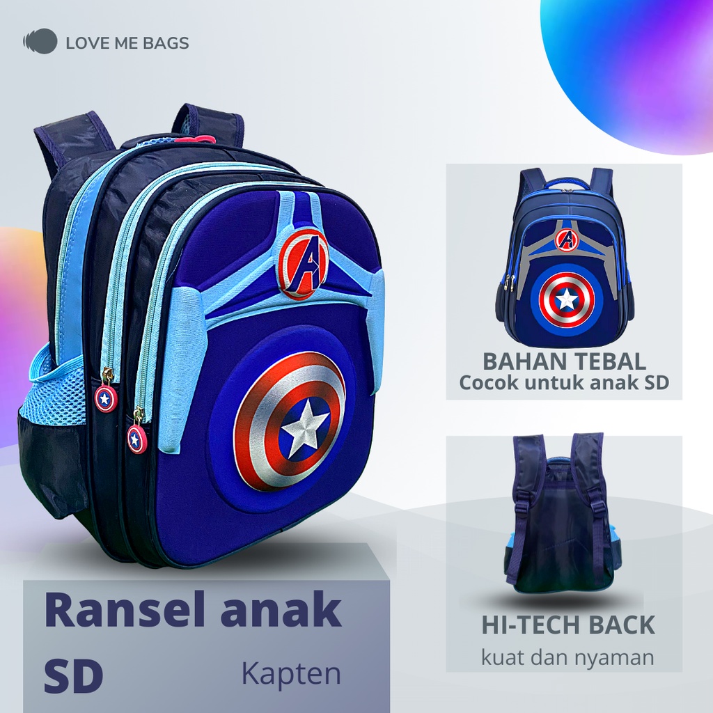 LMB Tas Sekolah Anak Laki Laki SD Gambar Timbul 6D Karakter Superhero Ukuran Besar Bahan Nilon Premium