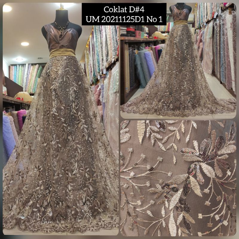 Kain Tile Brokat Motif Bunga Gentong Payet D#4 UM 20211125D1 No 1 Coklat