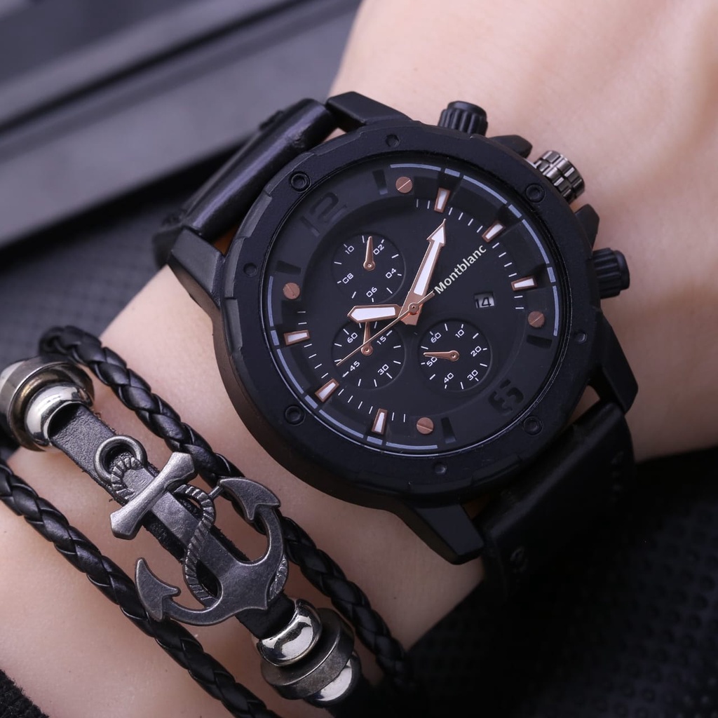 Bisa COD M0nt Bl4nc Jam Tangan Pria 8546L Tali Kulit Chrono Variasi Tanggal Aktif Free Gelang , Box 