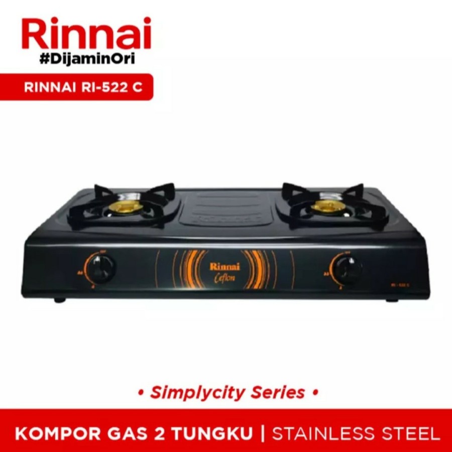 RINNAI RI 522C Kompor Gas 2 Tungku Teflon Stainless RI 522 C RI522C