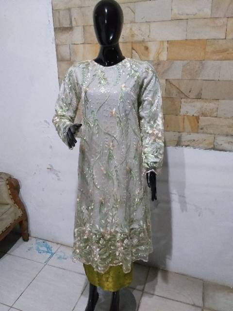 Set long tunic mones putih tulang