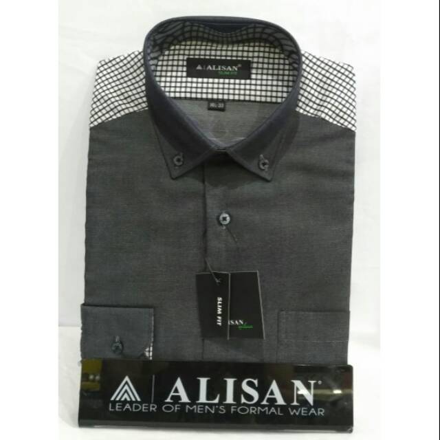 Kemeja Alisan Casual Slimfit Panjang Abu Tua Pundak Kotak