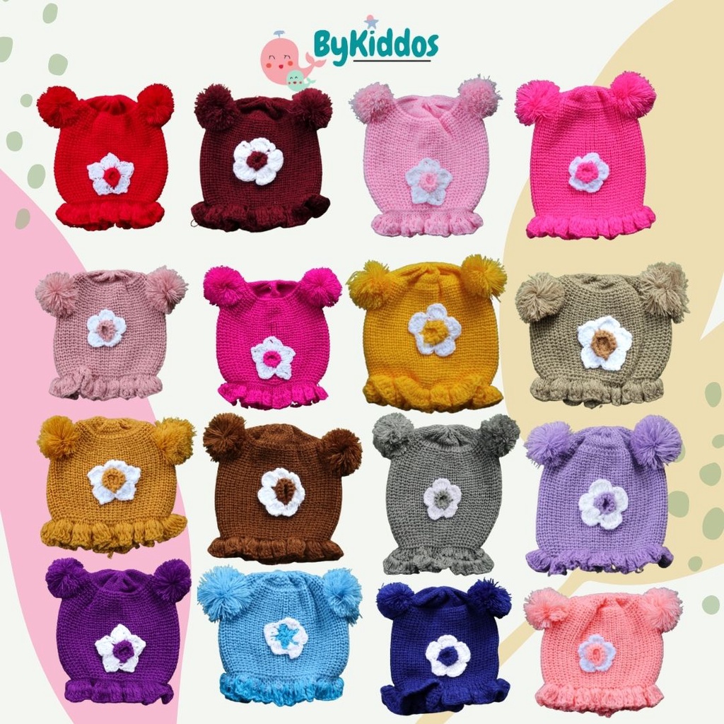 ByKiddos - Topi Bayi Anak Pompom Renda Bunga / Kupluk Bayi Renda Motif Bunga Polosan 6 Bulan - 2 Tahunan