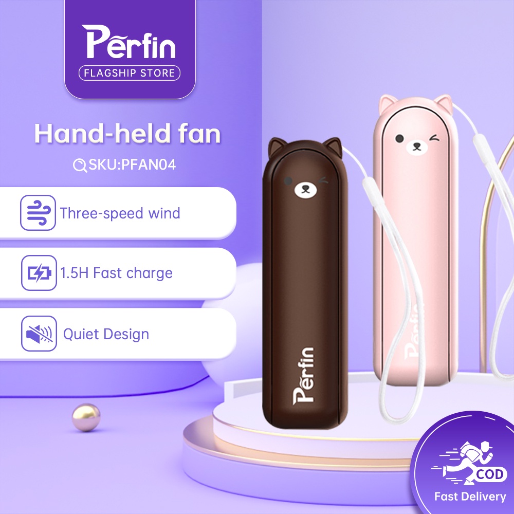 Perfin PFAN04  Kipas Angin Portable Fan Power Bank+ Mini Fans 2 in 1 USB Rechargeable Pocket Desk Handheld Fan - Brown, Pink