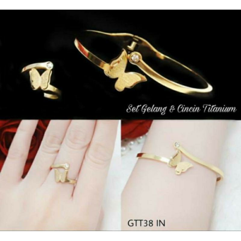 Gelang dan cincin titanium motif kupu-kupu set perhiasan cantik N2709199