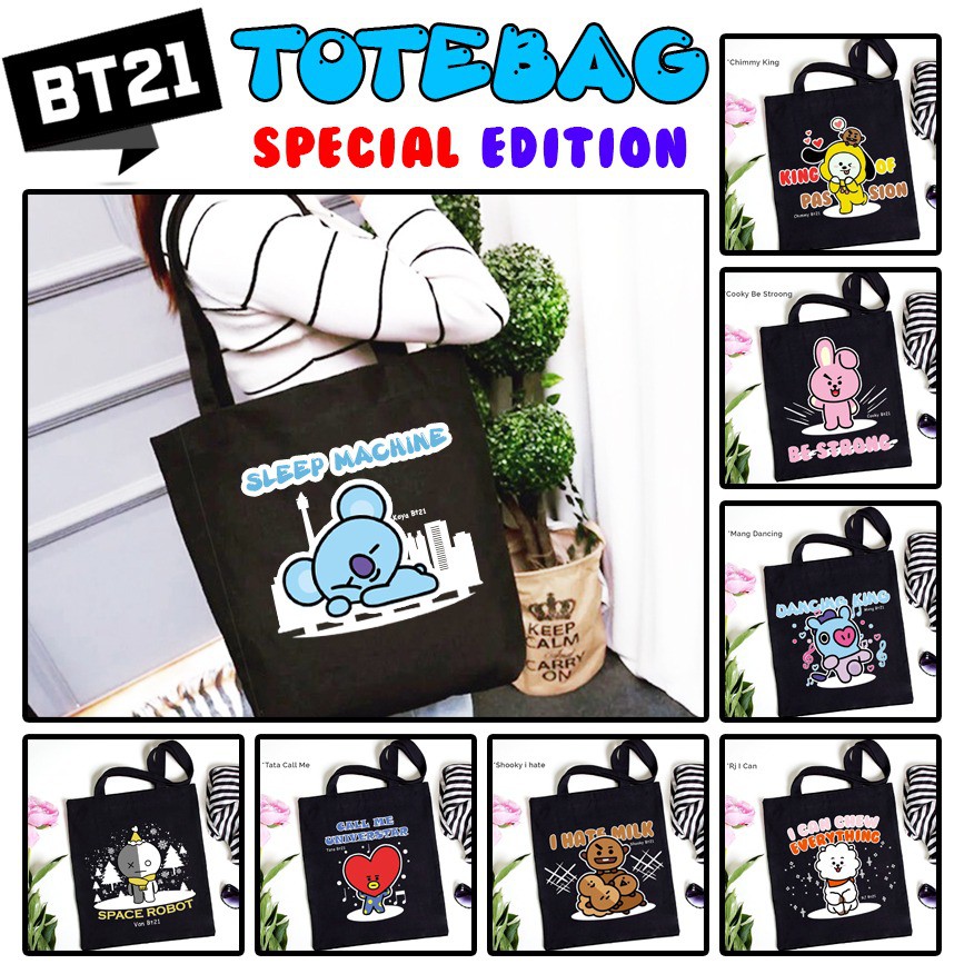 Murah {1KG BISA MUAT 10PCS} D003 TOTE BAG WANITA RESLETING TOTE KPOP KARAKTER KANVAS MOTIF BT21-
