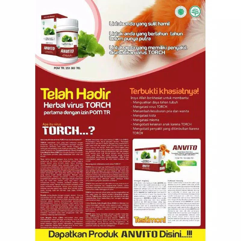 ANVITO OBAT HERBAL ANTI VIRUS TORCH , PENYUBUR SULIT HAMIL dan MANDUL ISI 3 BOTOL