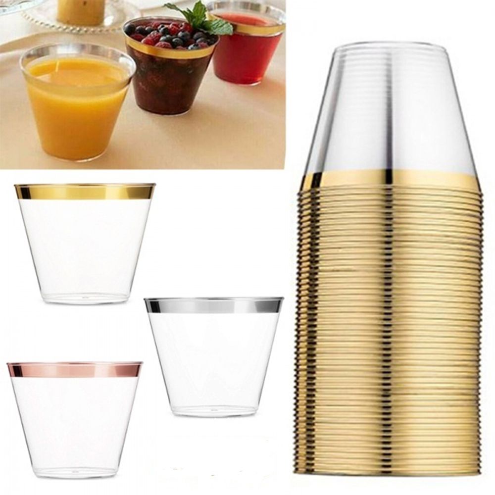 Disposable Plastic Cups Rose Gold Rimmed Transparent Cups Tableware for Wedding Birthday Party Cups