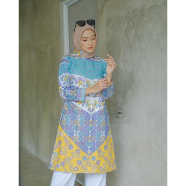 Kawung Soft Tunik Batik Wanita Lengan Panjang Katun Halus size m l xl xxl-C