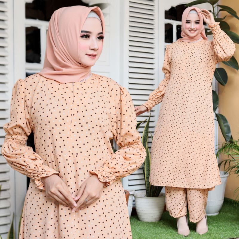 ELDE 9 Stelan polka wallpeach ld 110 pjg115 lebar 190  + kulot pinggang karet 100cm + panjang 93