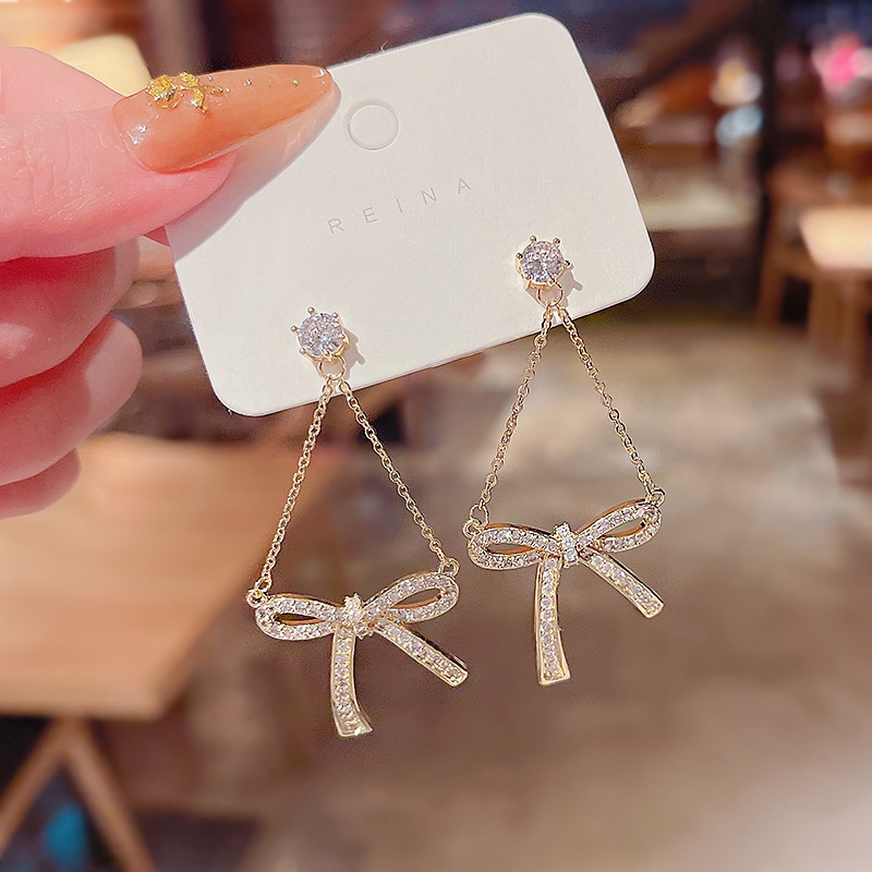 Anting Tusuk Gantung Sterling Silver 925 Desain Pita Hias Zircon Berkilau Untuk Wanita