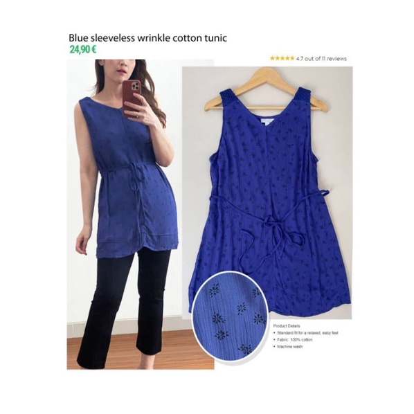 Prologue blue sleeveless wrinkle cotton tunik