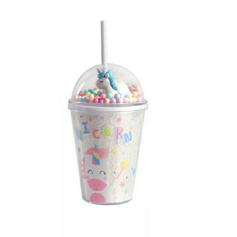 Tumbler Unicorn Gelas GLITTER Sedotan Bubble Rainbow Sparkle Blink Kristal Unik Double Wall Cup Glass Tempat Minum Hologram Design Gelas Lampu Unik Light Glass Bottle Straw Cup-Warna Silver