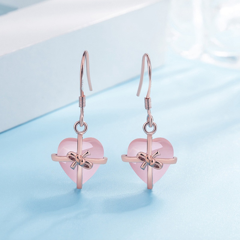 Fancyqube Fancycube Perhiasan Anting Gantung S925 Sterling Silver 100% Batu Kuarsa Alami Bentuk Hati Warna Pink Mawar