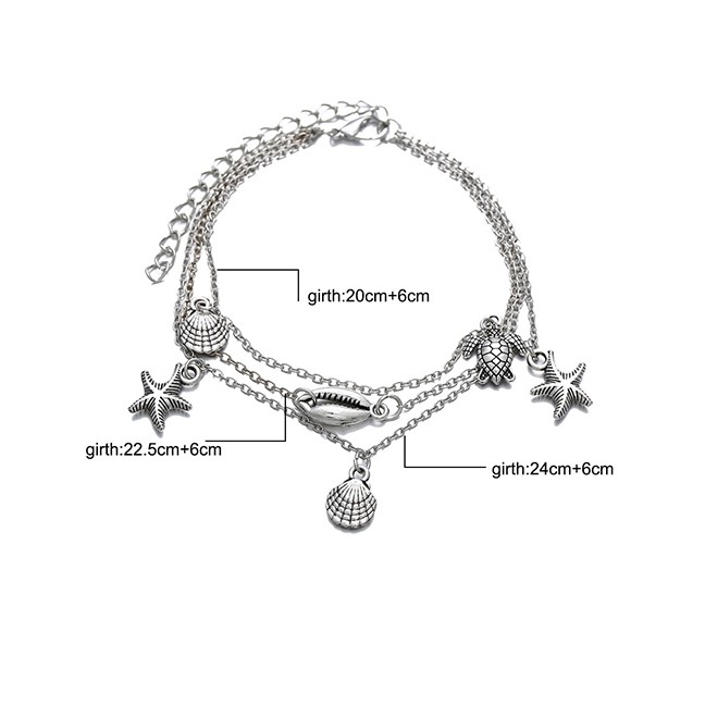 LRC Gelang Kaki Fashion Silver Metal Shell Starfish Turtle Multi-layered Anklet F74812