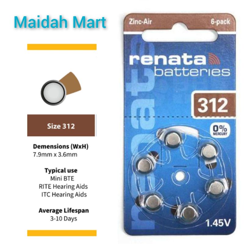 Baterai 312/ A312 / AG3 /PR41 Hearing Aid Battery Tersedia Merk Renata dan Zenipower Baterei Spesialis ALAT BANTU DENGAR