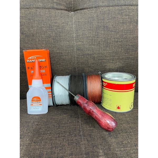 paket sol sepatu / alat sol sepatu / lem sepatu / 3 benang nilon roll / jarum sol / lem besi