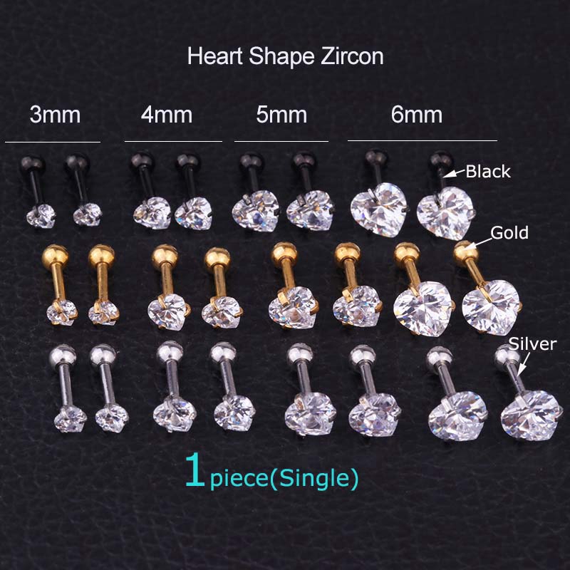 1piece 3/4/5/6mm Crystal Zircon Ear Cartilage Earrings Tragus Helix Piercing 16G