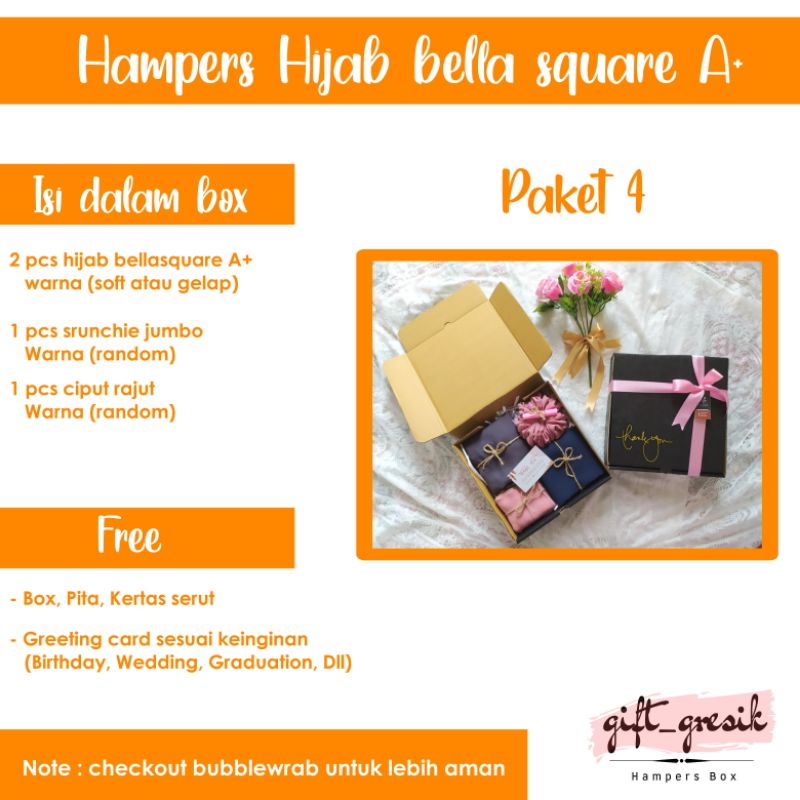 

Hampers hijab/Gift box hijab/Paket 4/Hijab bella square A+/Kado ulang tahun/Wisuda/Nikahan