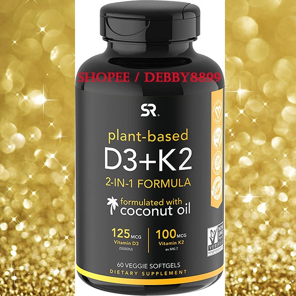 SR Sports Research 60 Veggie Softgels Plant-Based Vitamin D3 125mcg (5000iu) + K2 100mcg as MK-7 + C