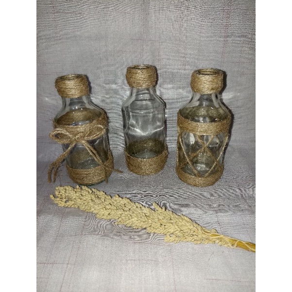 vas bunga botol kaca lilit rami, vas bunga prakarya