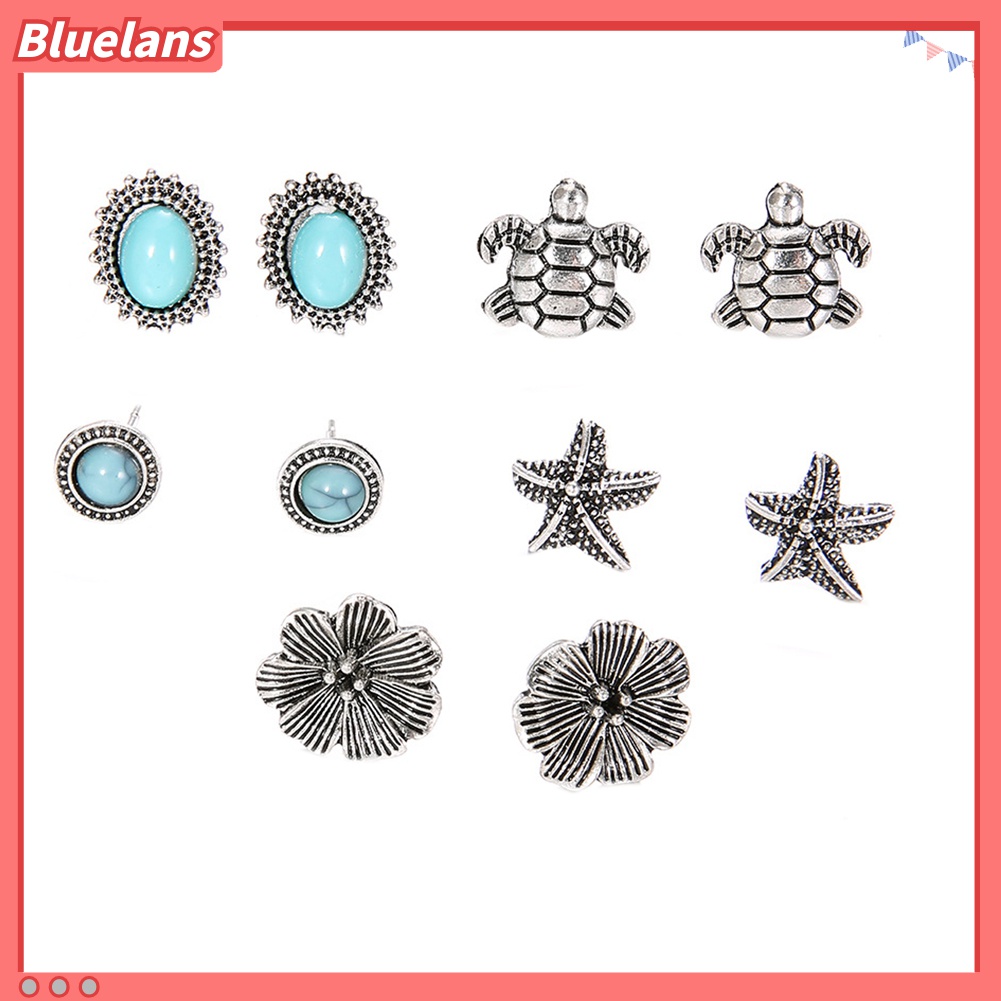 5 Pasang Anting Stud Desain Bintang Laut Kura-Kura Bunga Turquoise Buatan Gaya Boho