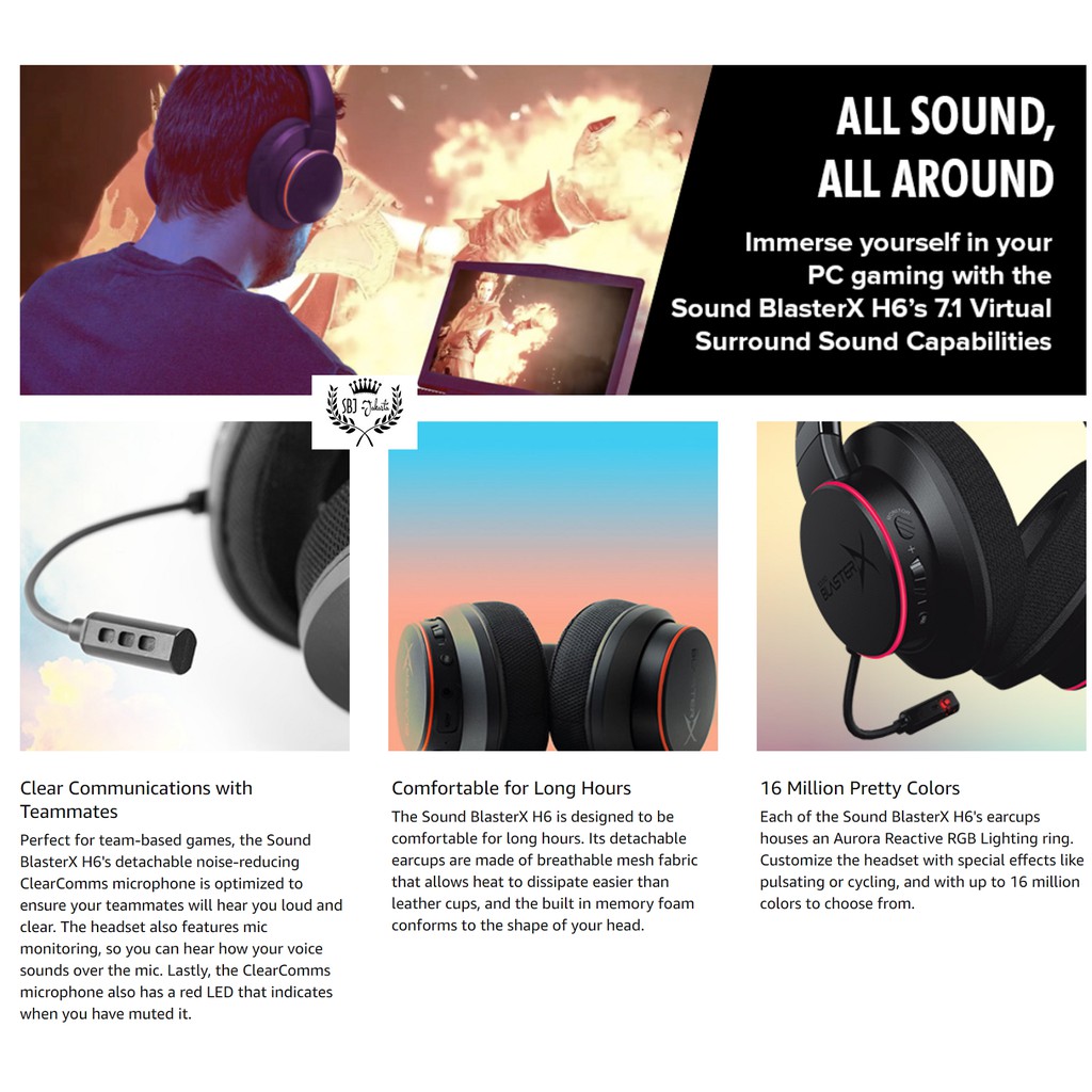 Creative Sound BlasterX H6 USB Gaming Headset Headphone 7.1 Surround EQ Mode - Scout Mode