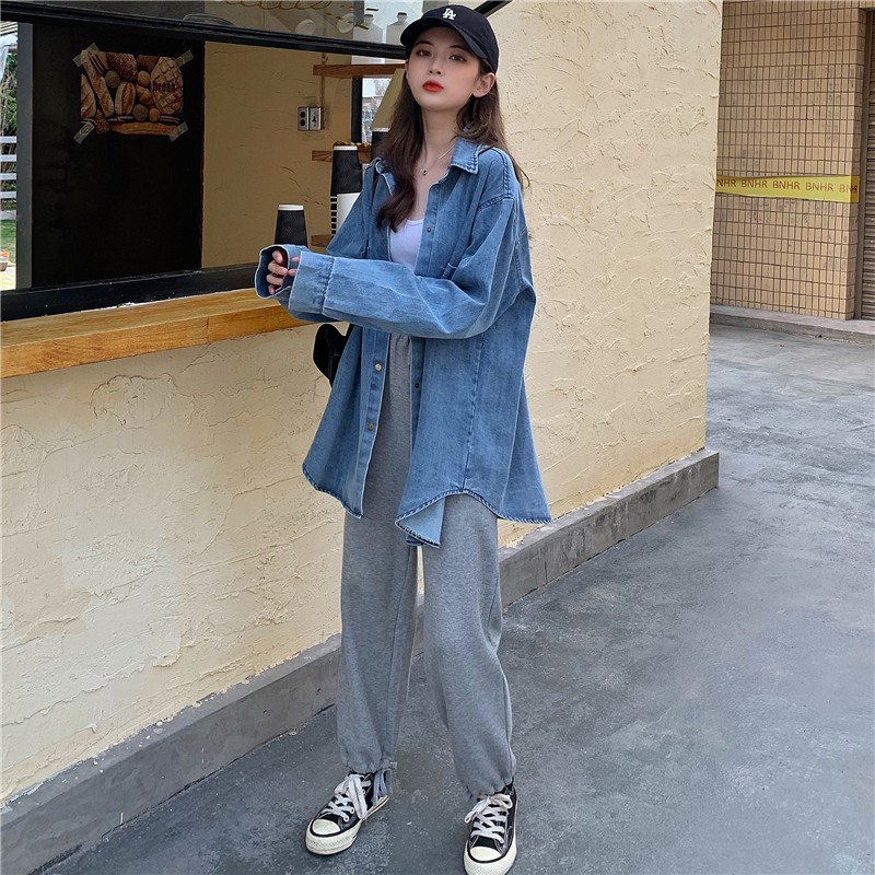 Korea style baru jaket kemeja denim atasan oversize denim wanita lengan panjang jaket atasan wanita