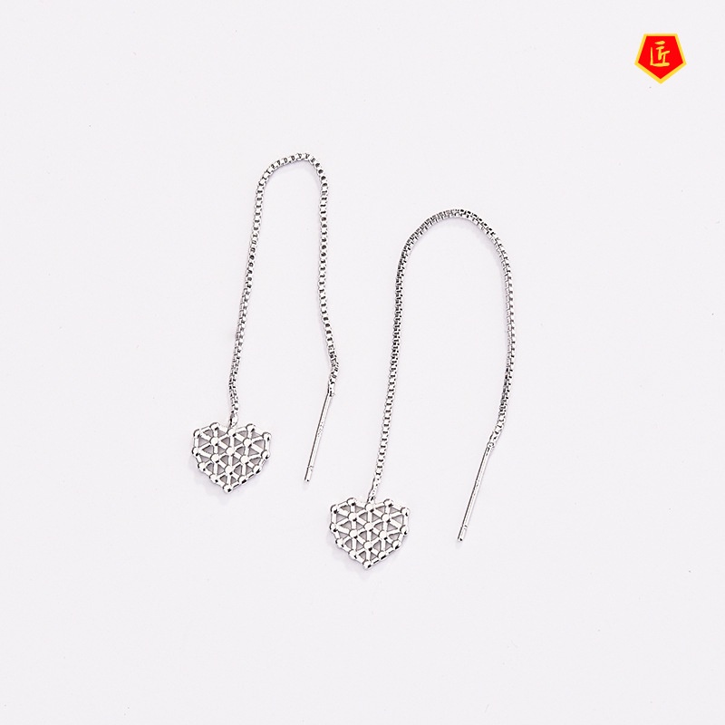 [Ready Stock]Grid Heart-Shaped Hanging Earrings Female Elegant Personality