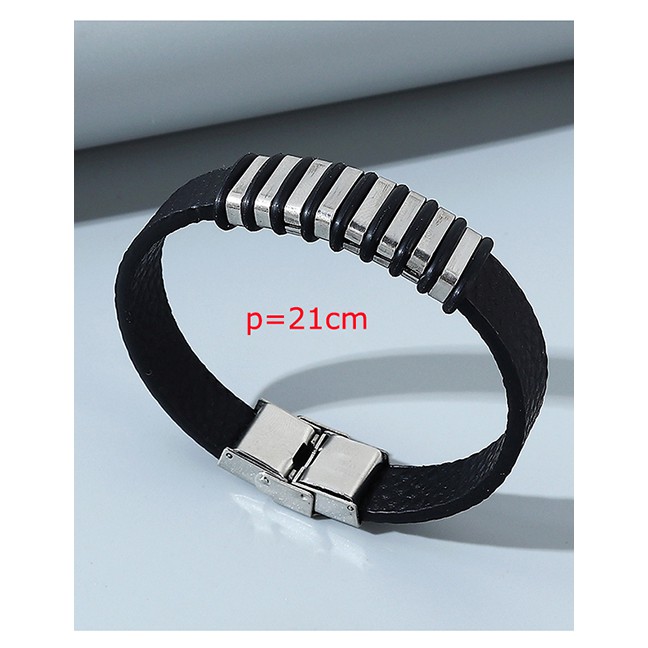 LRC Gelang  Tangan Fashion Black Alloy Geometric Leather Wide Brim Mens Bracelet Y64883