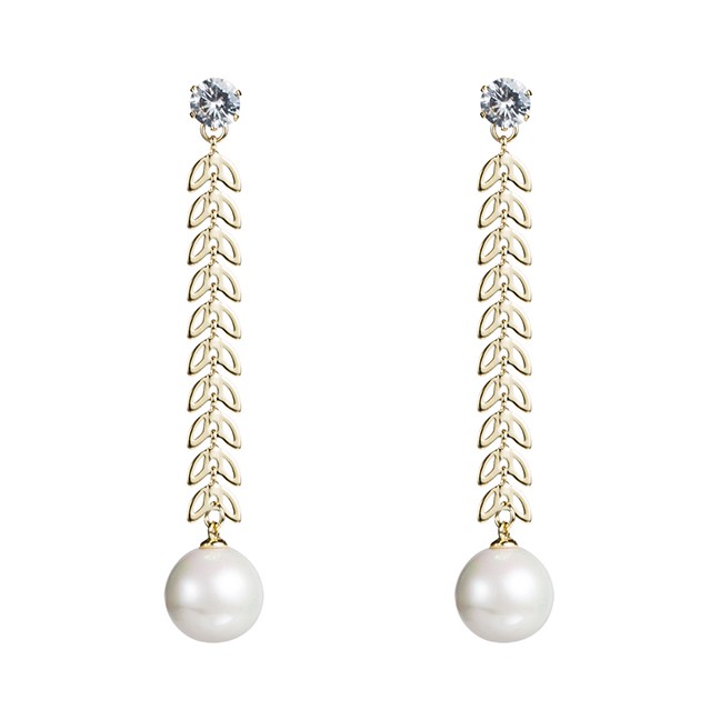 LRC Anting Tusuk Fashion Silver Alloy Multi-layered Leaf-shaped Diamond-like Pearl Earrings F76057