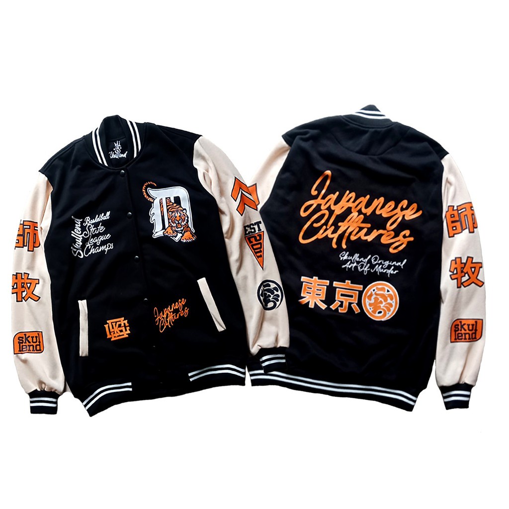 Varsity Jacket Baseball Vintage Pria Wanita - Jaket Varisty Jaket Besball Bisbol Cowok Cewek Original Distro Bandung-JAPAN BLACK MOCCA