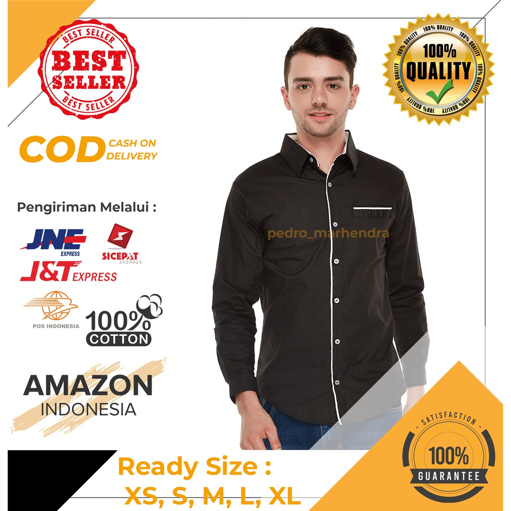 KEMEJA HEM PRIA HITAM VARIASI SAKU PUTIH BAHAN KATUN ORIGINAL ASLI BAHAN DINGIN BERKUALITAS IMPORT