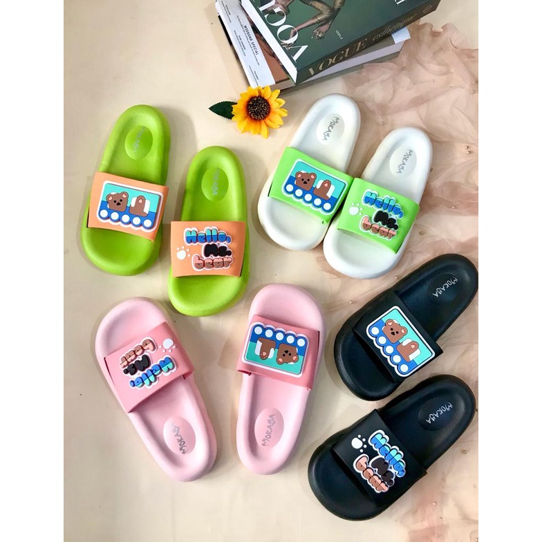 Sandal Slop Motif HELLO MS.BEAR Timbul Tebal 3cm BEST SELLER Import Mokaya 999-A