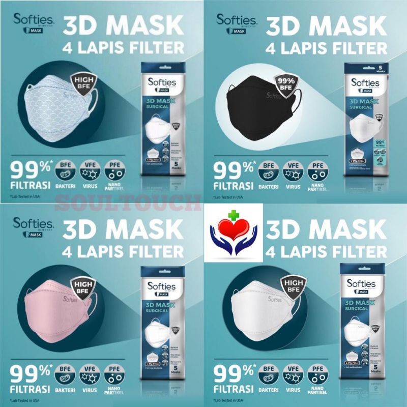 Masker Softies 3D 4ply KF94 isi 5 Mask Kemenkes Warna Putih / Pink / Hitam / Japanaese