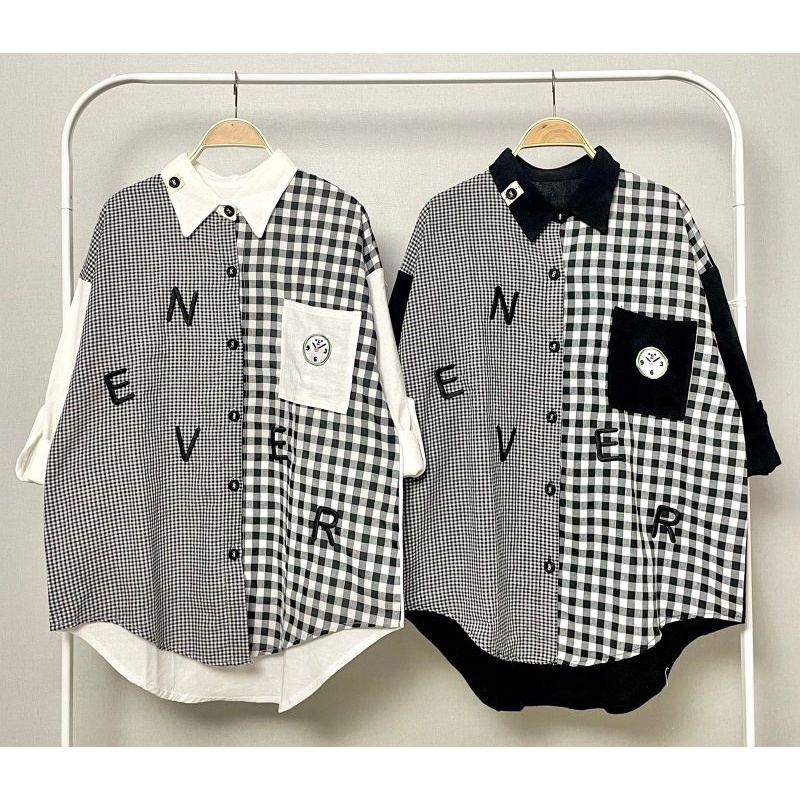 Atasan Kemeja Katun Linen Import Polos Kombinasi Kotak Kecil LuBaNa#6488