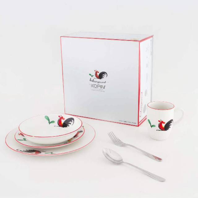 Piring dan Mangkuk Keramik Ayam Jago - Kopin Kukuruyuk Family Dinner Set