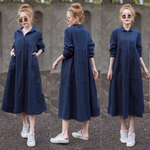 Pakaian Wanita Kemeja Kameja Long Tunik Dress Dres Midi Wanita Baju Midi Dress Dres Drees Kemeja Cas