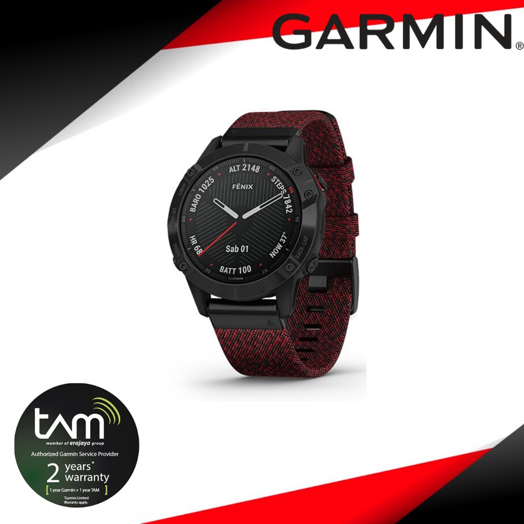 Garmin Fenix 6 Black DLC with Heathered Red Nylon Band - Tam 2 Tahun