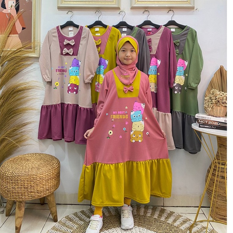 Gamis anak perempuan motif my best friends bahan voxy premium merk latin (5-10 tahun)