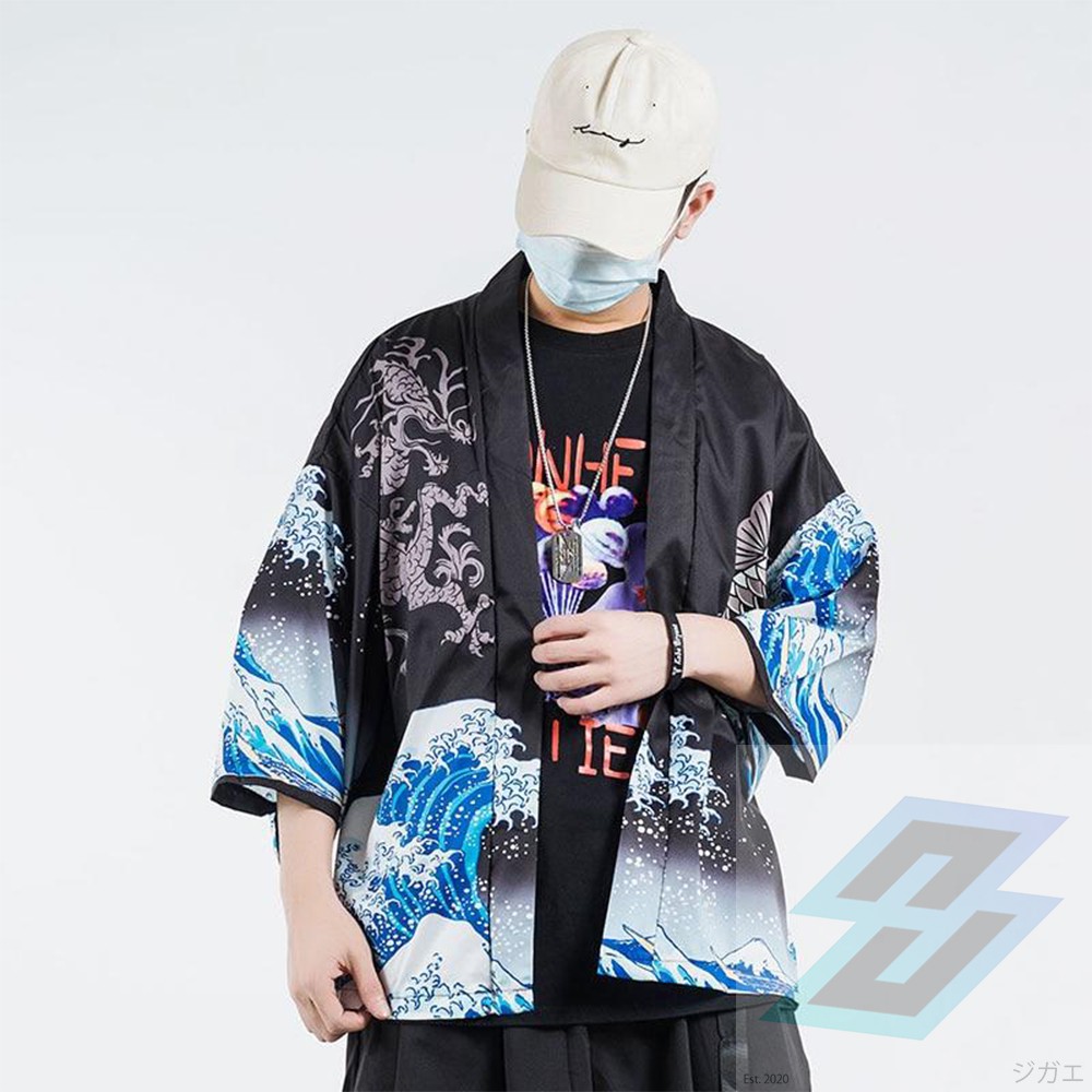 Baju Jepang Kimono Pendek Negata Fish Happi Black White Ikan Koi Ombak - Haori Wave