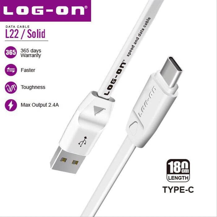 KABEL DATA LO-L22 SAFE AND SPEED TYPE C USB CABLE - 180 CM FLAT SERIES 2.4A LOG-ON