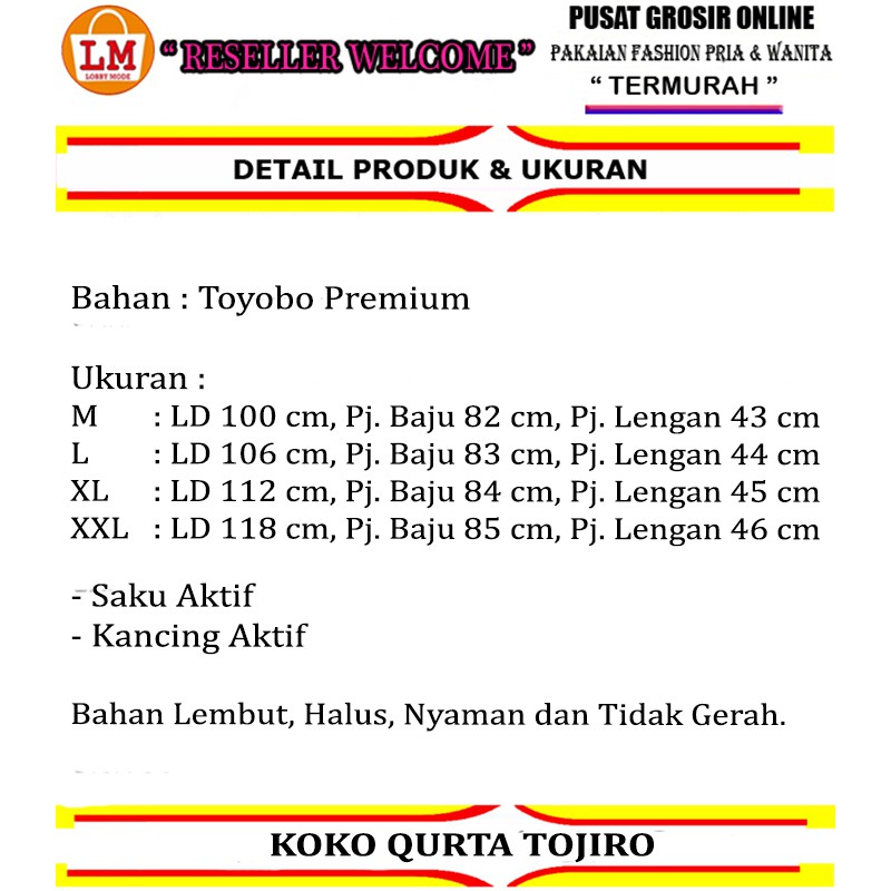 TERMURAH TERLARIS LMS Baju Koko Pria Muslim QURTA TOJIRO bahan Toyobo Premium 23151 23153 23155 23157