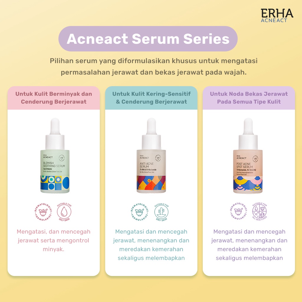 Erha Acneact -acne spot 10gr, back spray 60ml, acsbp cleanser scrub beta plus60gr, serum - obat jerawat, clearpad eksfoliasi