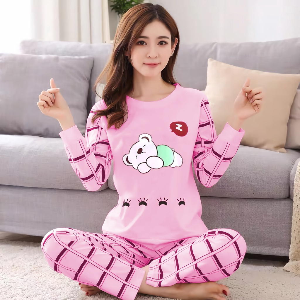 Lilipop.id  Baju Tidur Wanita Sleep Bear Celana Panjang PP Allsize Lengan Panjang Baby Doll Bahan Kaos Dewasa