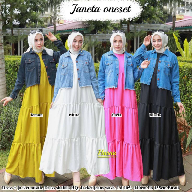Janeta setelan maxy (gamis + jaket jeans) / inner dress shakila premium + outer jaket jeans washed /
