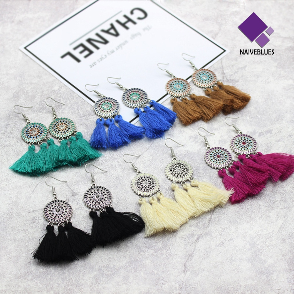 Naiveblue &gt; Anting Gantung Panjang Kait Gaya Boho Motif Bunga Matahari + Rumbai Untuk Perhiasan Wanita