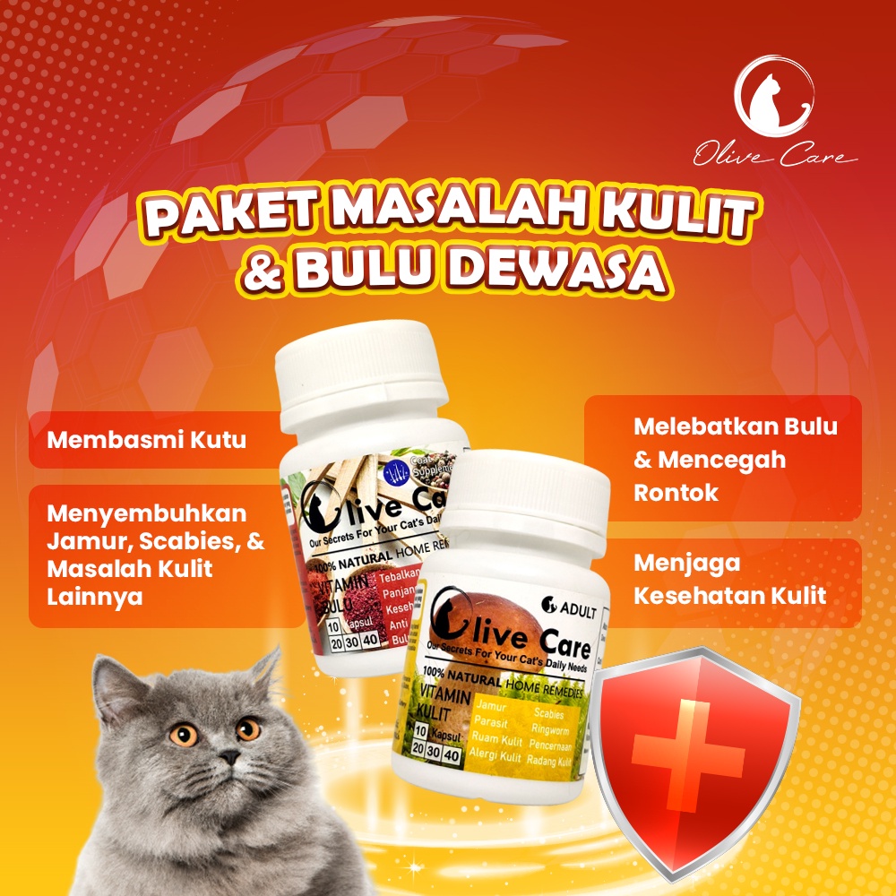 Olive Care Vitamin Kucing Paket BULU RONTOK &amp; MASALAH KULIT DEWASA untuk Bulu Rontok akibat Jamur, Kutu, Scabies, Ringworm dan Pertumbuhan Bulu Baru SweetyPetshop