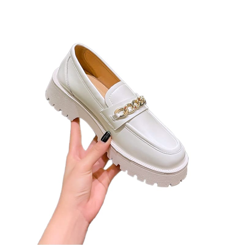 SEPATU WANITA G-SEL LOAFERS RANTAI BESI WHITE GLOSY IMPOR PREMIUM WHT 07